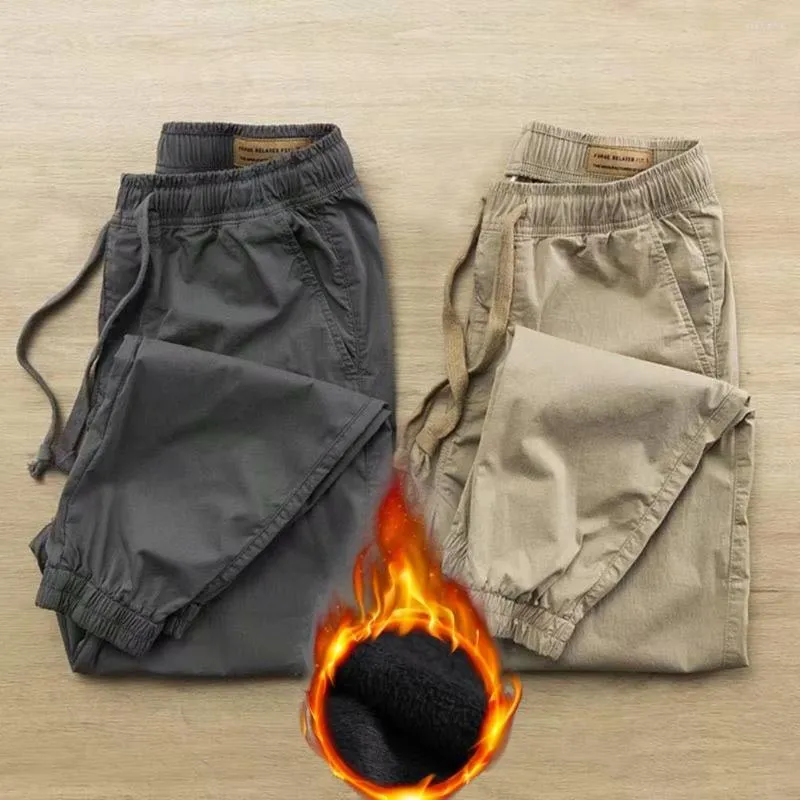 Men's Pants Men Cargo Drawstring Coldproof Autumn Winter Plush Lining Ankle Tied Warm Sports For Jogging Male Clothing