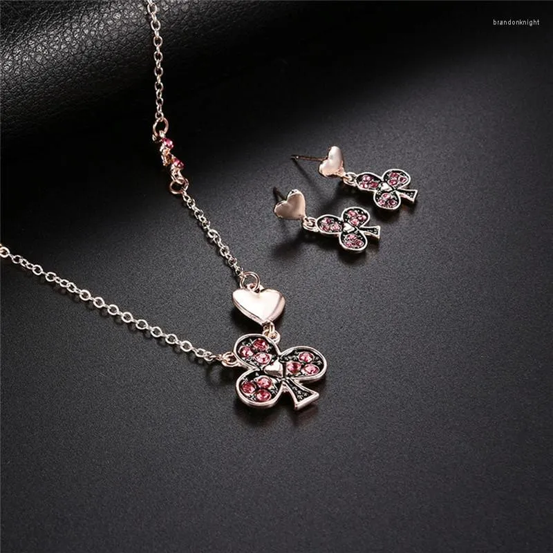 Necklace Earrings Set Jewelry Women Plum Blossom Poker Pendant Pink Sparkling Pendants Necklaces Earring Decorations