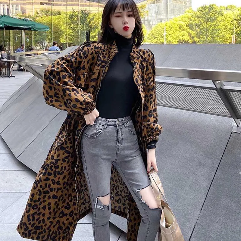 Women's Trench Coats Plus Size Women Long Sleeve Leopard Print Coat 2022 Autumn Winter One-Piece Fashion Vintage Cardigan And Jackets Female