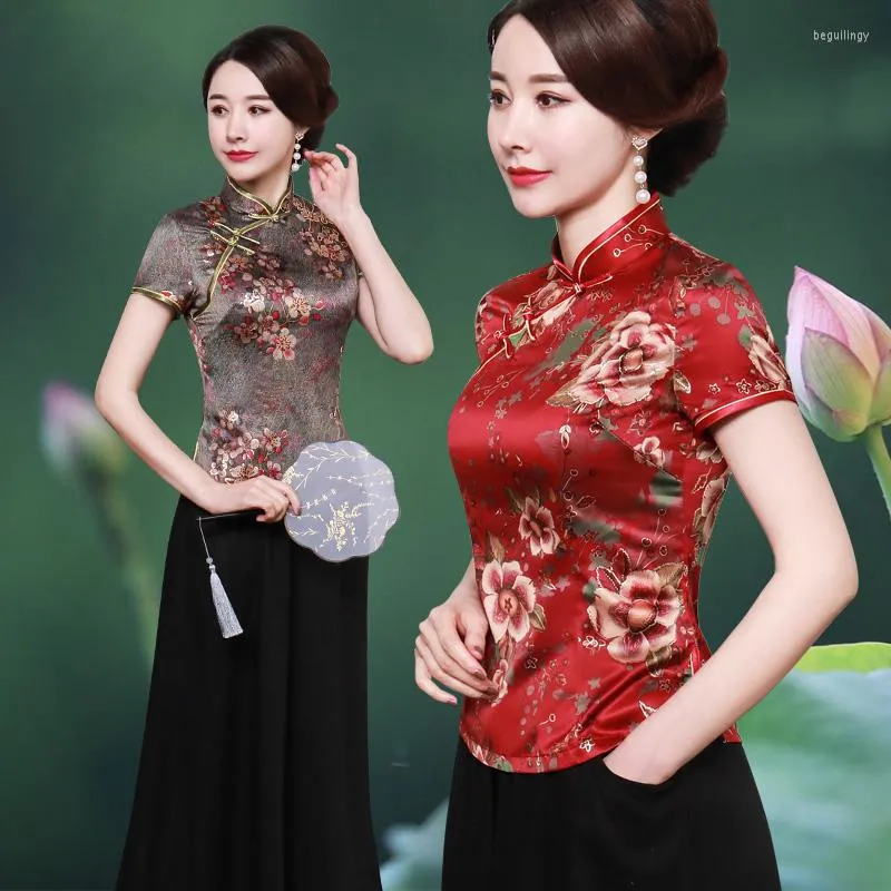Ropa étnica talla grande CHEONGSAM Camisa de blusa de mujer Estilo chino Elegante Tops de manga corta Madre Qipao