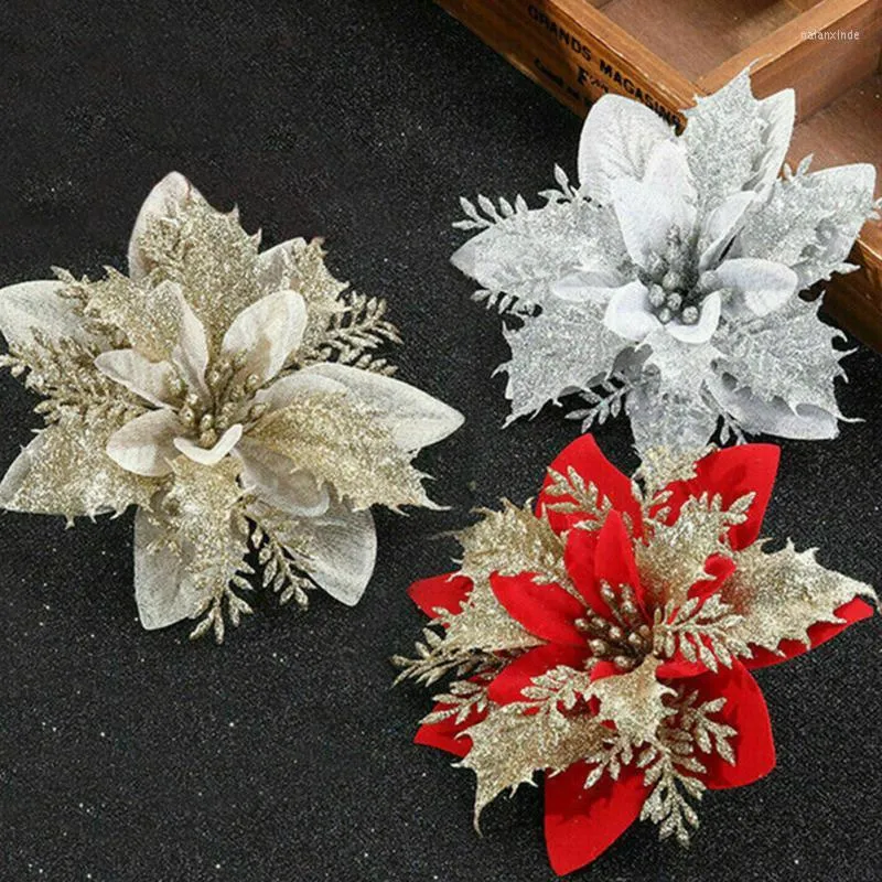 Flores decorativas 10pcs simulação artificial em pó de ouro Decoração de flores de flor DIY Pingente Pingente Gifts Navidad