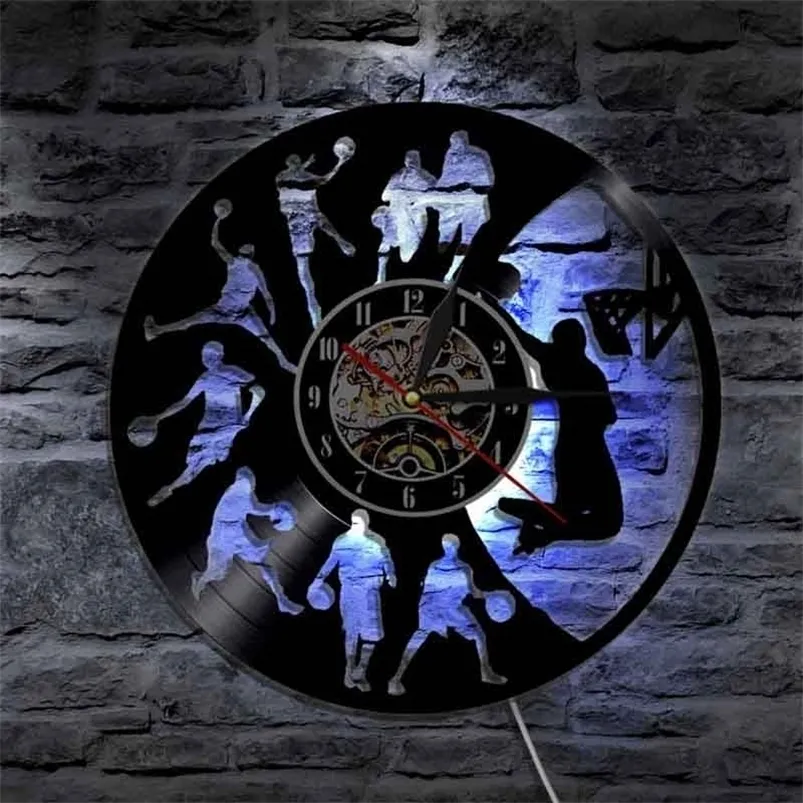 Wall Clocks Vinyl Record Clock with 7 Different LED Lighting Change Decorative Boys Room Basketball Watch Home Decor 220930