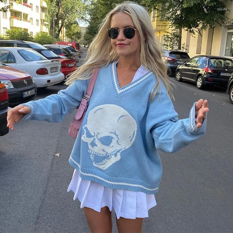 Dames truien cdjlfh winter vrouwen gebreide Koreaanse stijl v nek lange mouw pullover trui harajuku mode witte schedel print jumper