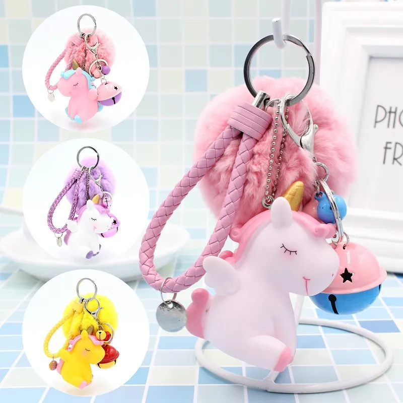 Fur Ball Key Ring Keychain Fashion PVC Unicorn Decompression Toys Keyrings for Women Car Keys Holder Pompom Bag Charm Pendant Key Chains Trinket Jewelry Accessories