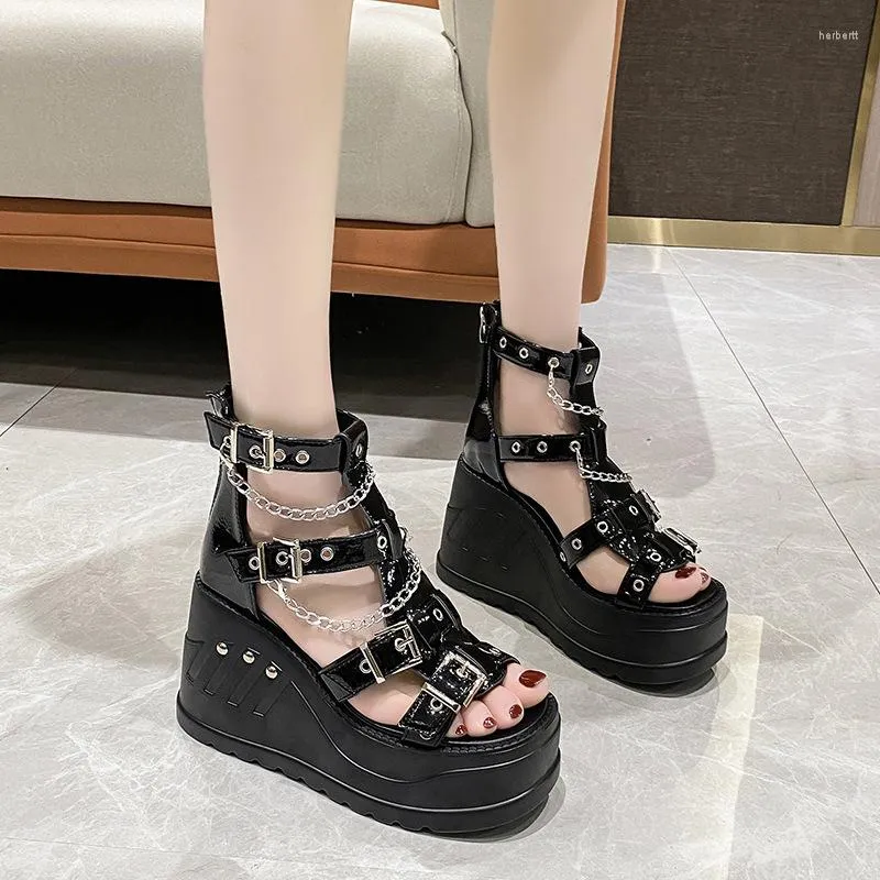 Сандалии бросают 2022 клинья рим Гладиатор Peep Toe Women Shoes Gothic Creepers Высокие каблуки, дамы плюс 41 42 43