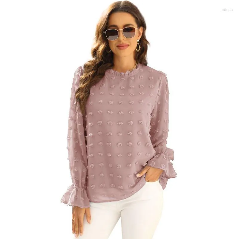 T-shirt da donna Moda 2022 Primavera ed estate Chiffon Jacquard Palla per capelli Colletto foglia di loto Dolce a maniche lunghe Top dritto da donna