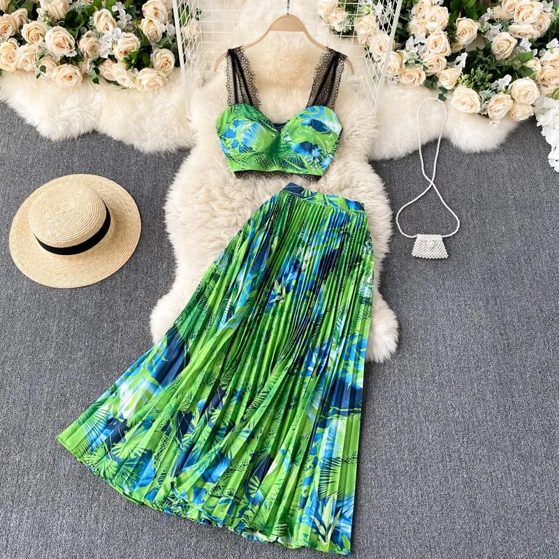 Work Dresses JSXDHK Boho Holiday Style Summer 2 Piece Set Sexy Women Flower Printed Lace Strapless Tops Beach Long Pleated Skirt Suits