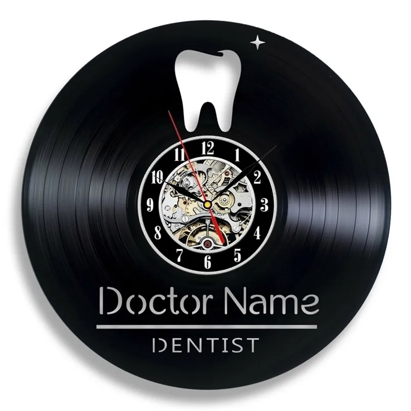 ウォールクロック歯ビニールレコードモダンデザイン歯科用オフィスサイン3D装飾的な時計歯科医220930
