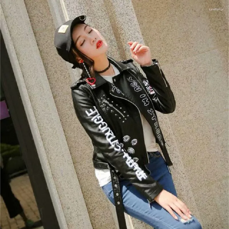 Veste de moto en cuir synthétique polyuréthane pour femmes Streetwear Graffiti à manches longues pour femmes
