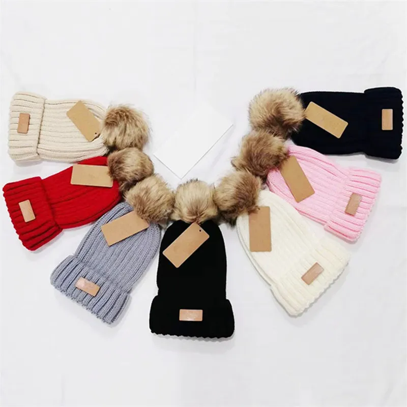 Australië Designer gebreide hoeden winter pompon beanies lederen label bont pom skull caps ontwerper motorkap dames meisjes haak hoed dikke warie beanie ear muff 2023