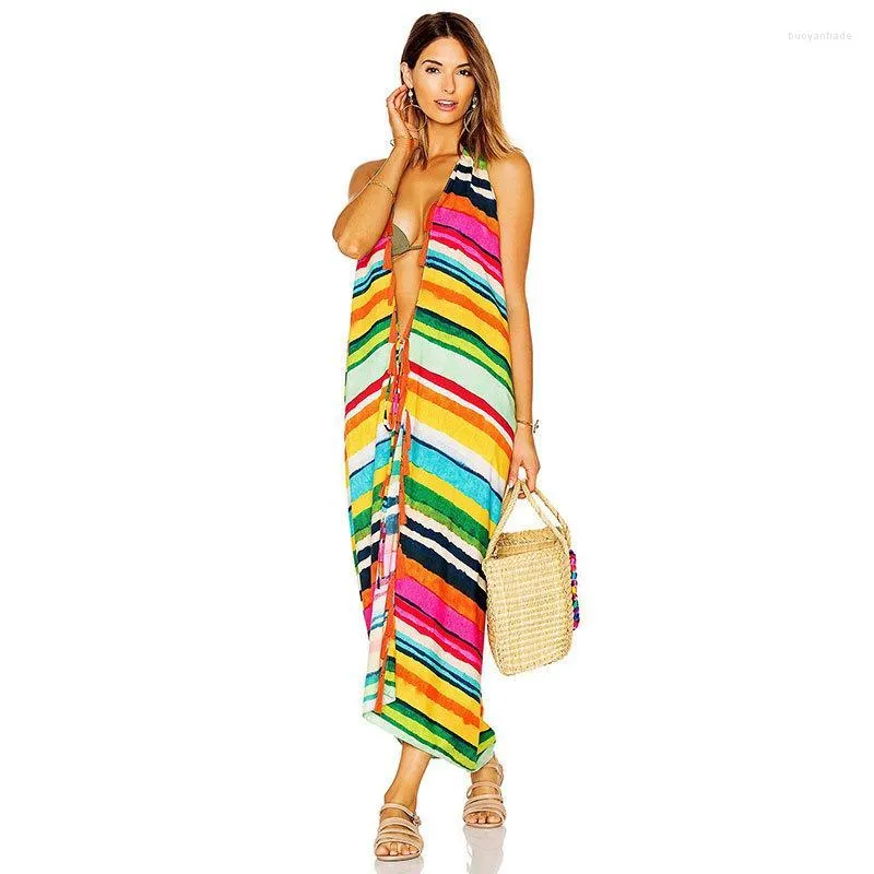 Vestido de banho feminino feminino colorido vestido listrado com renda para cima cartigã sem mangas saia longa saia sexy biquíni smock praia de férias