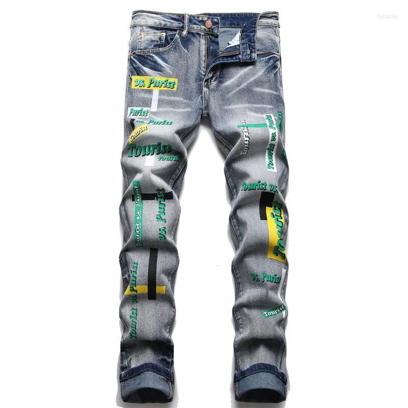 Men's Jeans Ripped Men 2022 Autumn/Winter Punk Vintage Blue Shredded Slim Stretch Print Dye Tiny Feet Street Long Pant