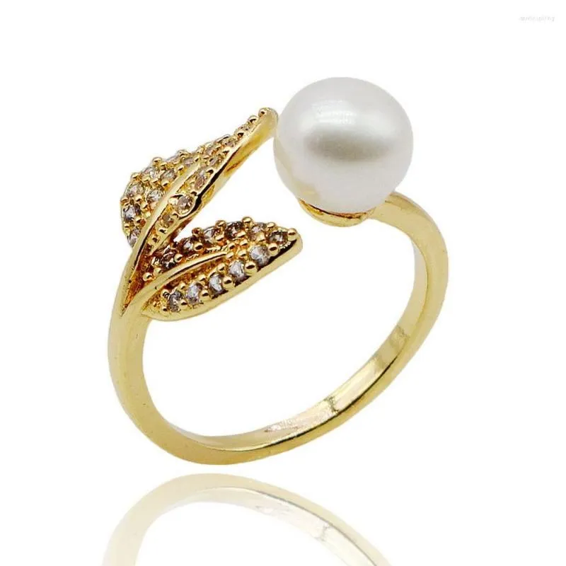 Cluster Rings SAUDADE Women's Leaf Natural Freshwater Pearl Gold Colorful Round Open Engagement Jewelry