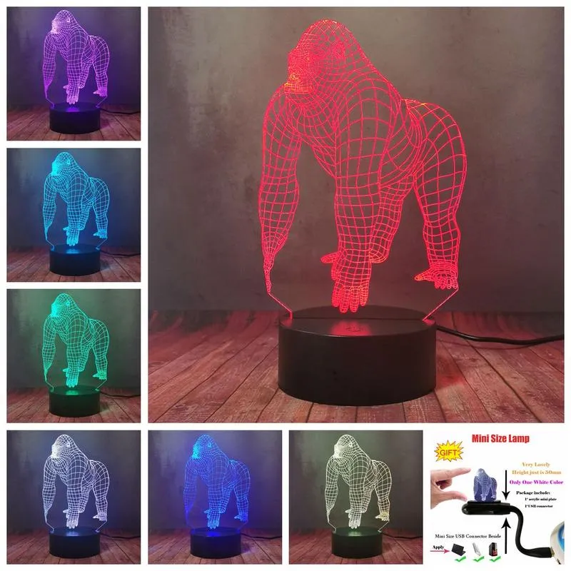 Orangutan 3D Optical Night Light Illusion Домашняя кровать на столовой лампе 16 изменение цветового бара