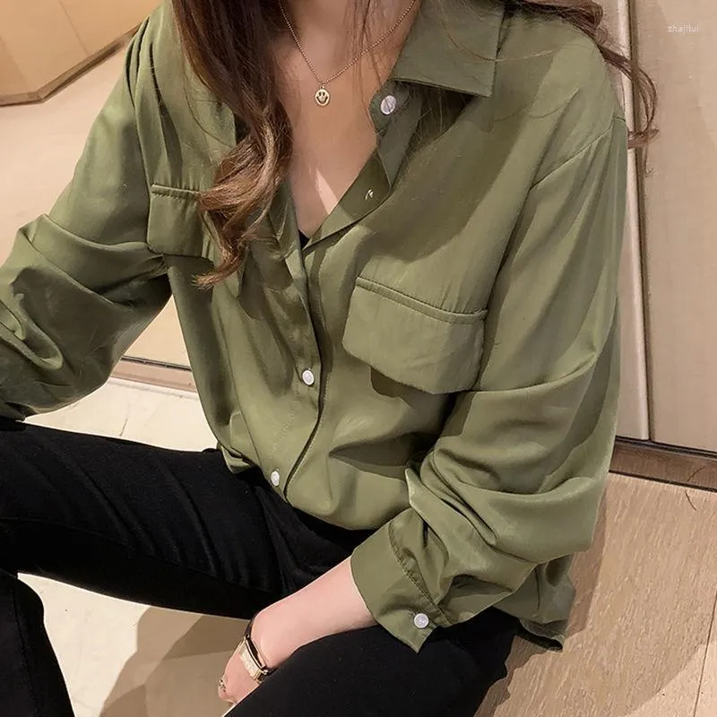 Women's Blouses Women's & Shirts Office Ladies Green Blue Women Simple Spring Autumn Button Up Long Sleeve Shirt Oversized Casual Chic