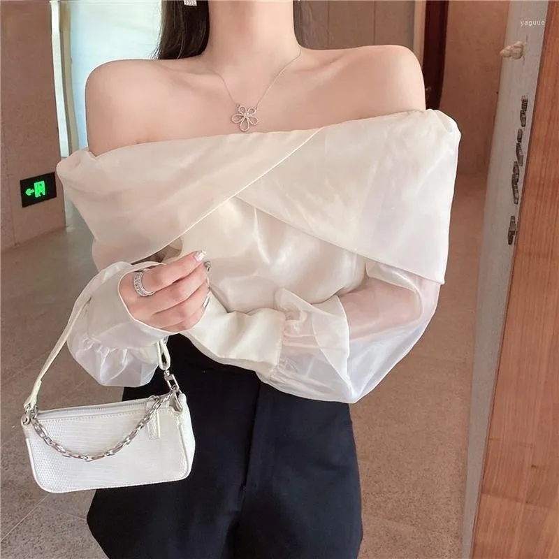 Women's Blouses Slash Neck Long Sleeve Shirt Women Elegant Off Shoulder Korean Chic Blouse See Through All-match Tops Blusas Mujer