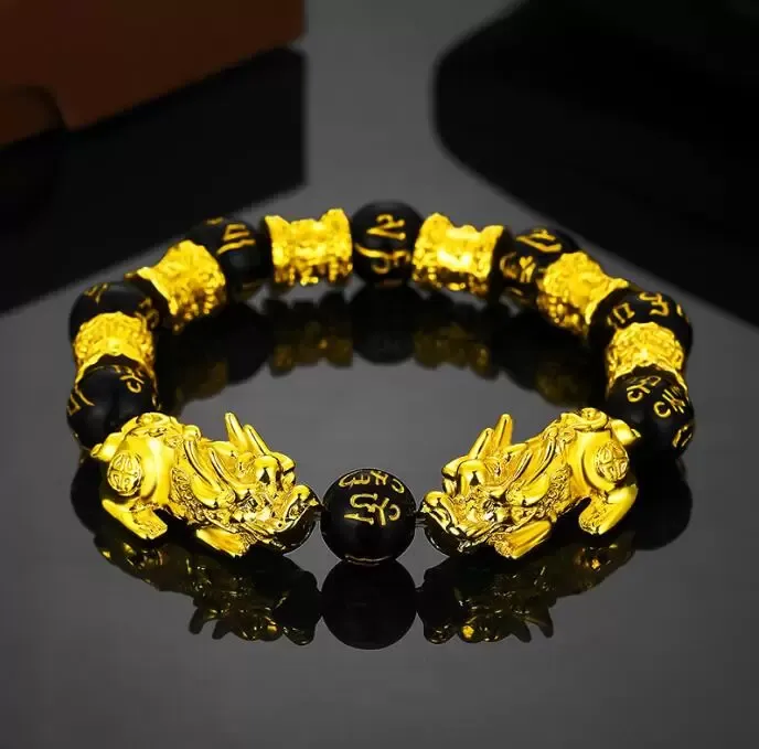 Boa sorte riqueza fios com fios de pulseiras de joias de joias de obsidianas pretas Pixiu Bracelete seis palavras Feng shui Prosperidade Pi XIU Bracelets para homens Mulheres