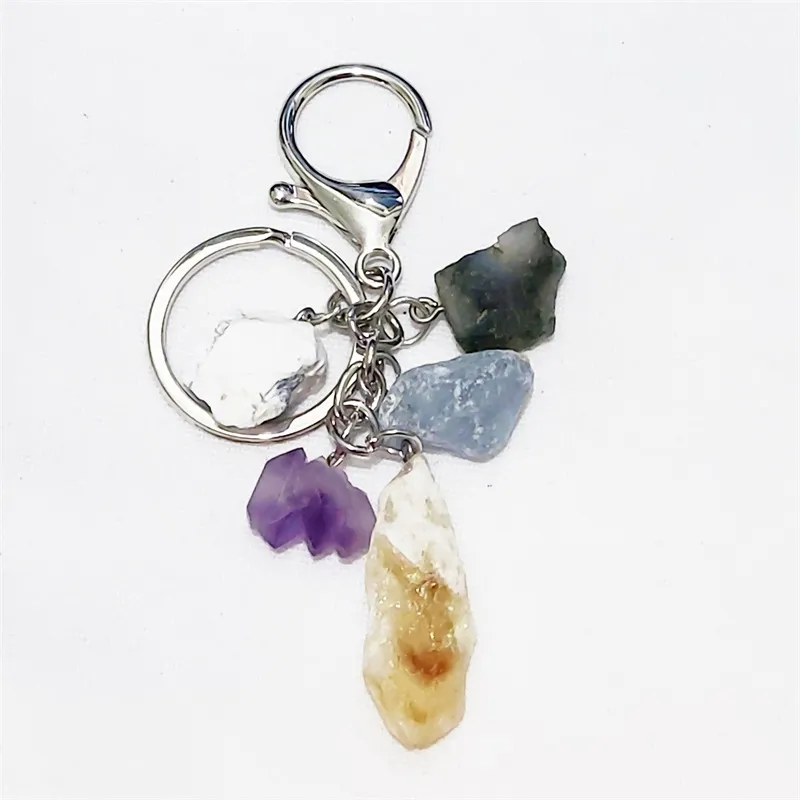 Conjunto de pedras cruas de minério bruto natural key Keychain Fluorite Crystal Quartz Mulheres homens portador de carro Chaves minerais jóias