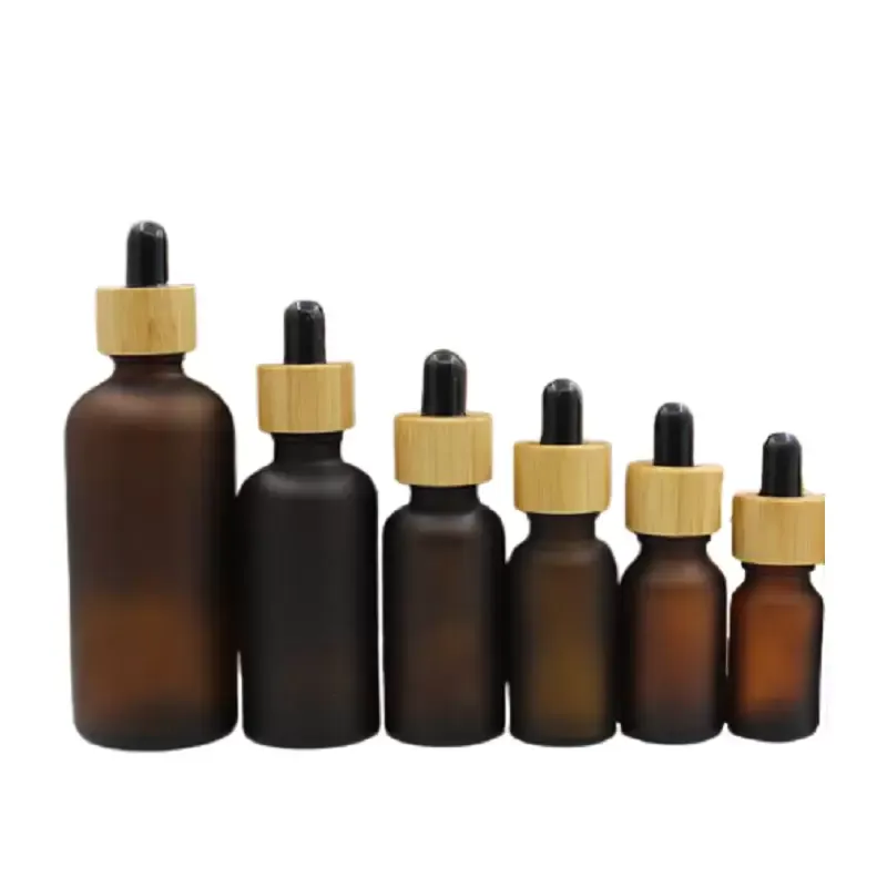 Glass Dropper Bottle Bamboo Woode Lid Portable Empty Frost Brown Essential Oil Vials Refillable Container 5ml 10ml 15ml 20ml 30ml 50ml 100ml Cosmetic Packaging