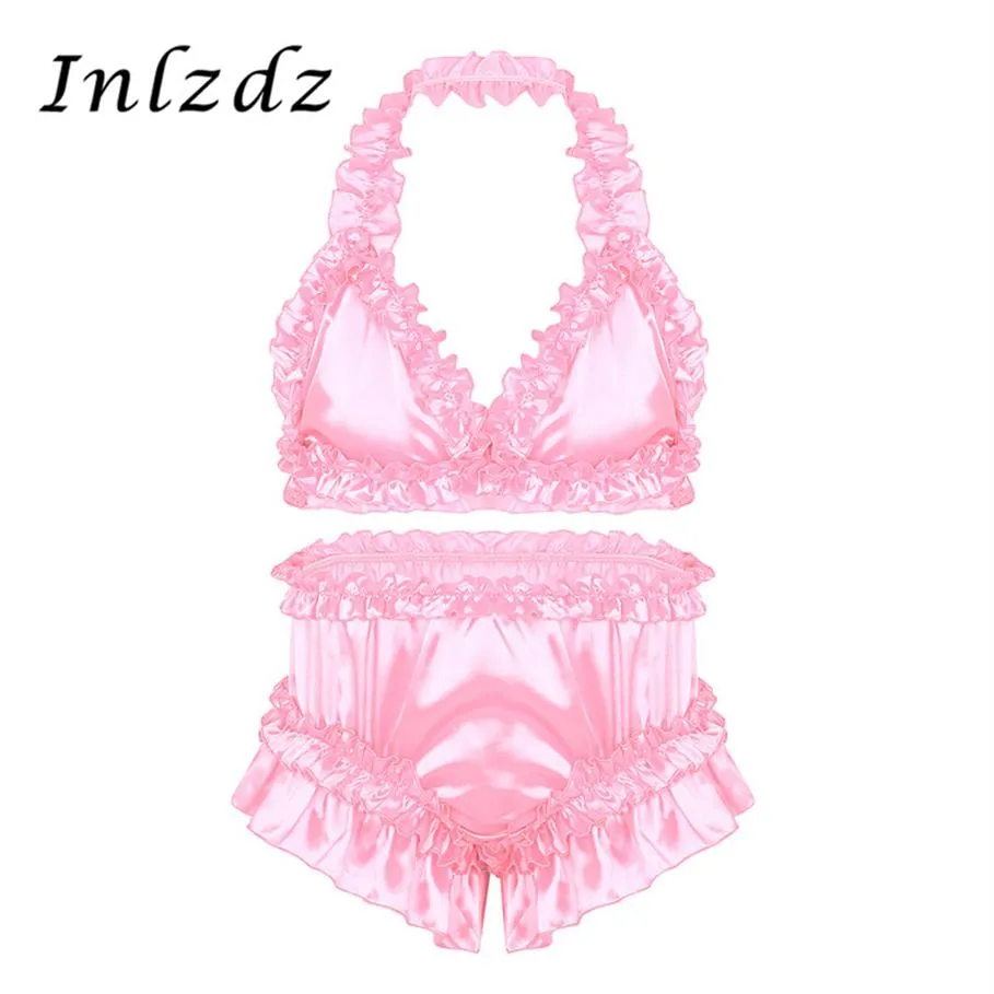 Mens Sissy Crossdresser Lingerie Suit Satin Frilly Ruffled Lingerie Set