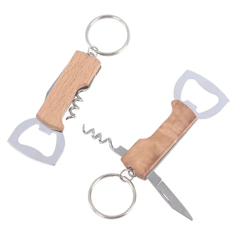 Openers Wooden Handle Bottle Opener Keychain Knife Pulltap Double Hinged Corkscrew Stainless Steel Key Ring Opening Tools Bar RRE14669