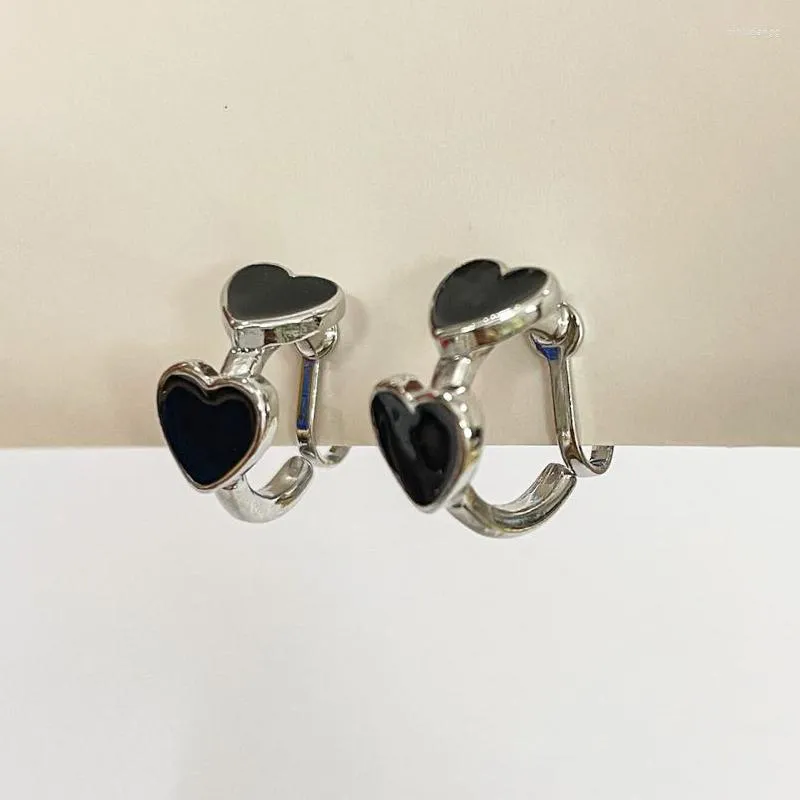 Boucles d'oreilles à dos en émail noir, 2 Cm, Clip d'oreille en forme de cœur, conçu à la mode, cercle rond en forme de C, cerceau sans Piercing pour femme