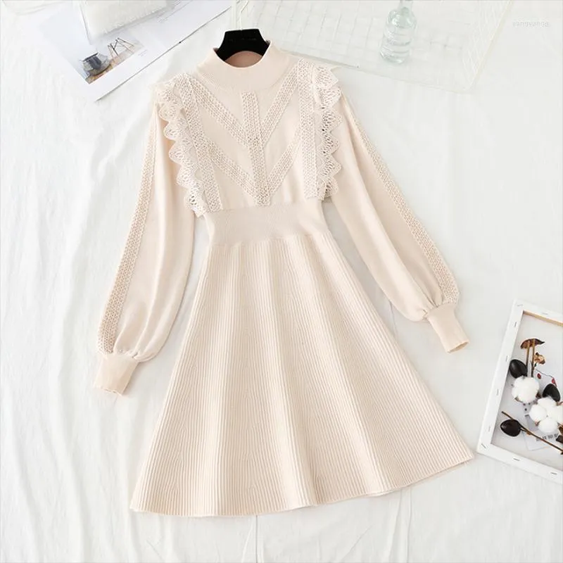 Casual Dresses Spring Autumn Women Knitted Dress Long Sleeve O Neck Elastic Waist Lace Sweater Korean Chic Apricot Black Mini