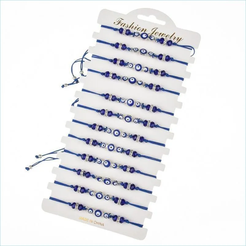Charm Bracelets Couples Women 12Pcs/Sets Blue Turkish Evil Eye Charms Crystal Bead Adjustable Rope C Bdehome Otjky