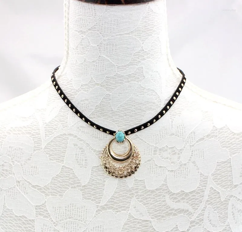 Tour de cou mode ligne bouton noir PU cuir collier bijoux vert pierre corne colliers pour femmes pendentifs
