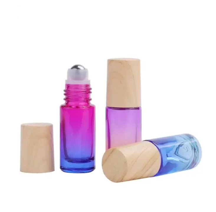 5ML Gradient Color Roll-On Perfume Essential Oil Bottle Steel Metal Roller Ball Bottles with Wood Looks Plastic Cap SN4357