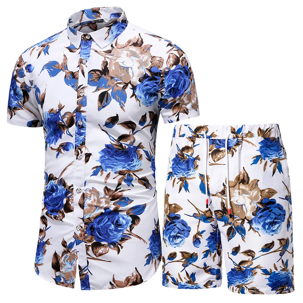 Caso masculino Conjunto de duas peças de duas peças praia usa estampa floral camisa casual e roupas de férias havaianas