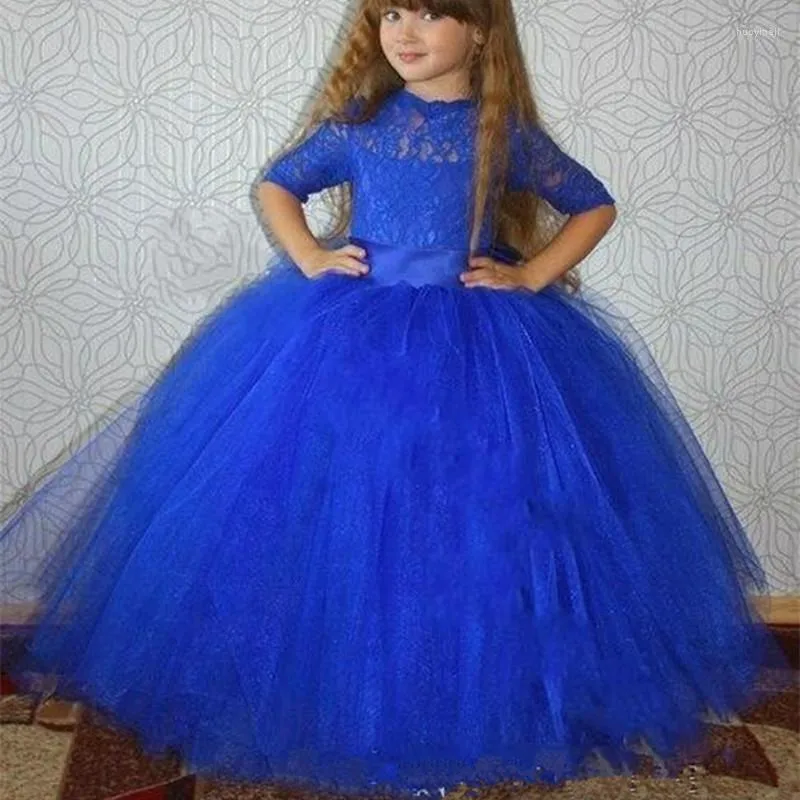 Girl Dresses Royal Blue Half Lace Sleeves Girls Pageant 2022 Stain Knee Length Flower With Detachable Tulle Skirt