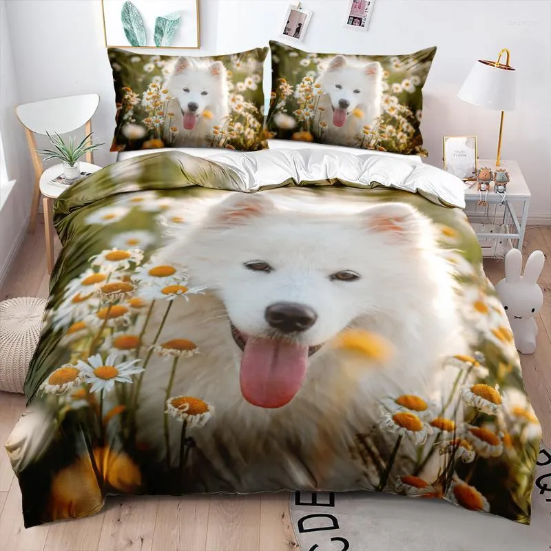 Bettwäsche-Sets, 3D-Motiv, niedlicher Hund mit Gänseblümchen-Set, Tröster/Deckenbezug, volles Doppelbett, King-Size-Bett, 203 x 230 cm, Bettwäsche für Kinder und Erwachsene