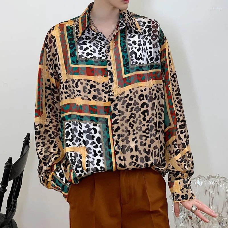 Camisas casuais masculinas exclusivas camisa de estampa de leopardo masculino 2022 Faixa solta manga longa Festas elegante Férias Big Size Stitch Color Men's