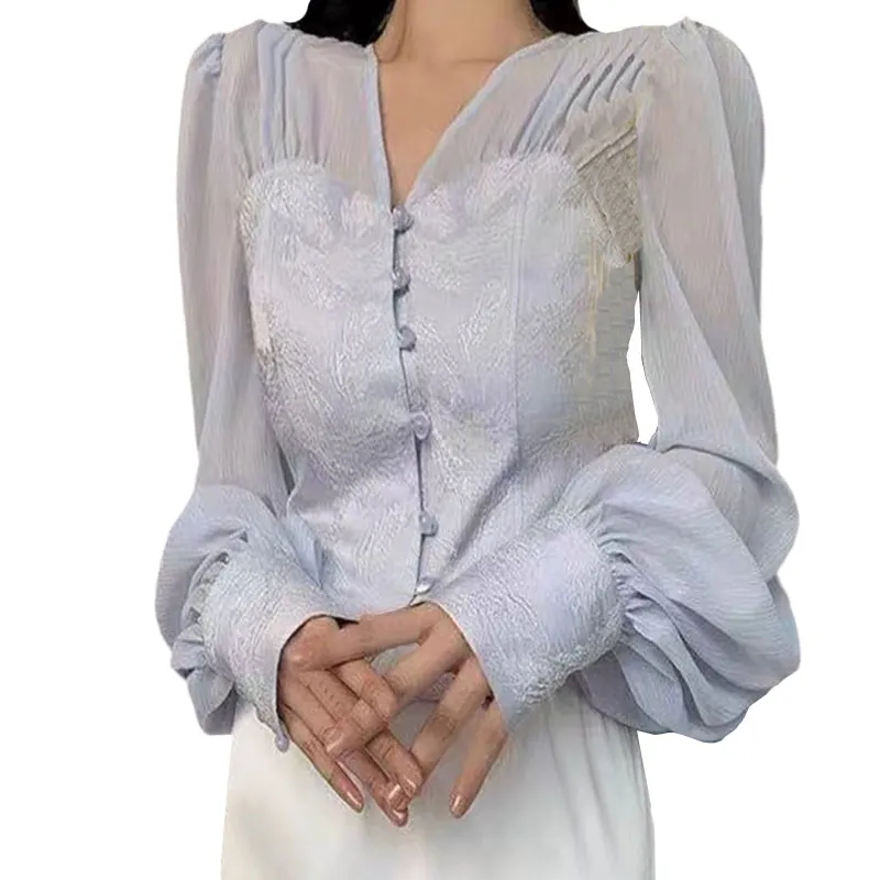 Kvinnors V-ringperspektiv Lykta långärmad blus Royal Style Single Breasted Shirt SMLXL