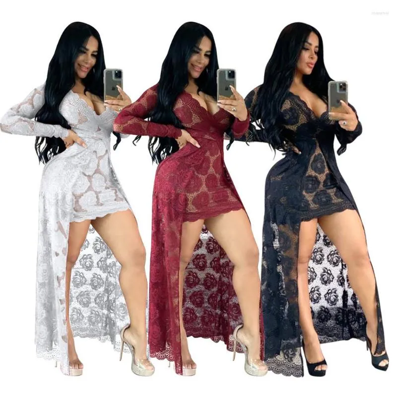 Robes décontractées Sexy dentelle pure moulante longue robe femmes asymétrique col en V voir à travers noir blanc serré Maxi femme fête boîte de nuit