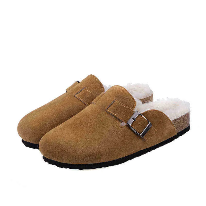 Slippers Shoes for Women 2021 Winter Fur Leather Mule Clogs Cotton Slippers Long Plush Warm Indoor Soft Cork Buckle Slides Footwear Plus Y1206