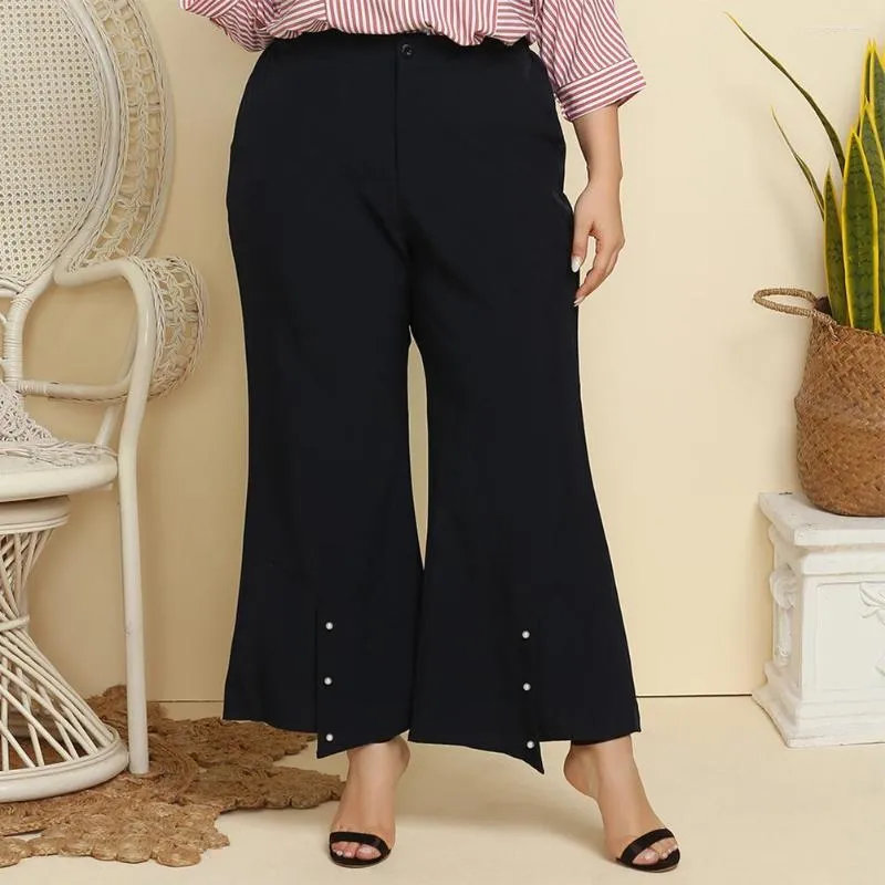 Pantalon plus taille femme solide pantalon de jambe large décontractée de poche dames crampées xl - 4xl