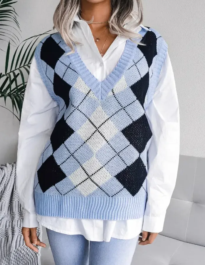 여자 니트 스웨터 아가일 패턴 느슨한 스웨터 조끼 / 일반