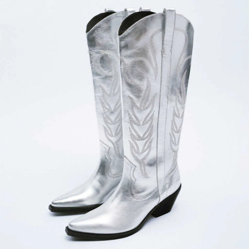 Boots Cowboy Cowgirl Western Metallic Silver staplade klackar Midkalv l￥nga skor Casual broderad Autumn Winter 220901
