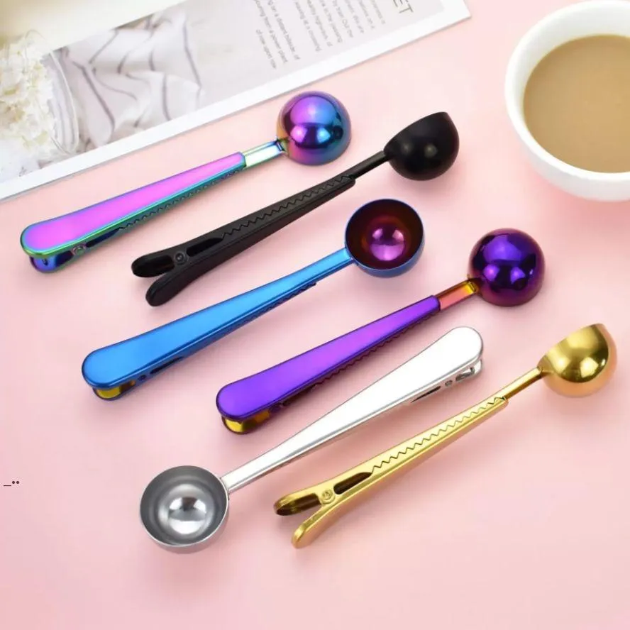 Stainless Steel Coffee Measuring Spoon With Bag Seal Clip Multifunction Jelly Ice Cream Fruit Scoop Spoon Kitchen Accessories BBB15939