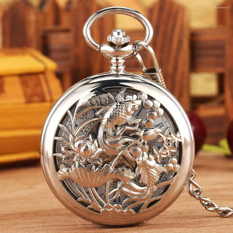 Карманные часы серебряные полые золотые рыбки Руководство по дизайну механических часов римские цифры синие лицевые подвесные колье женщины коллекционируют