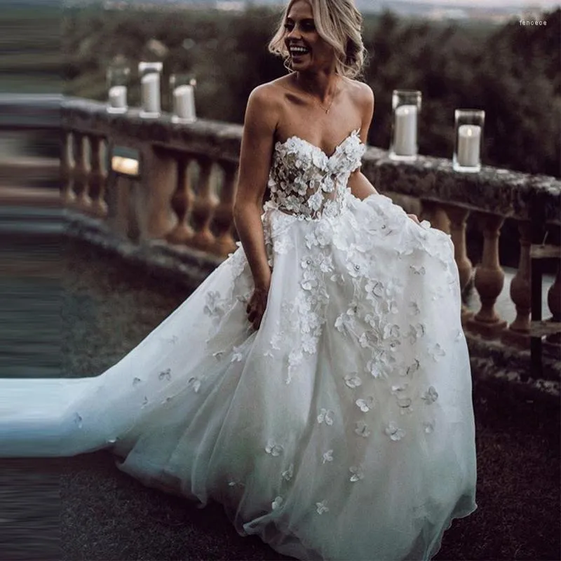 Robe De mariée Boho en Tulle avec applications, fleurs 3D, sans manches, ligne a, robe De plage, blanc ivoire, 2022