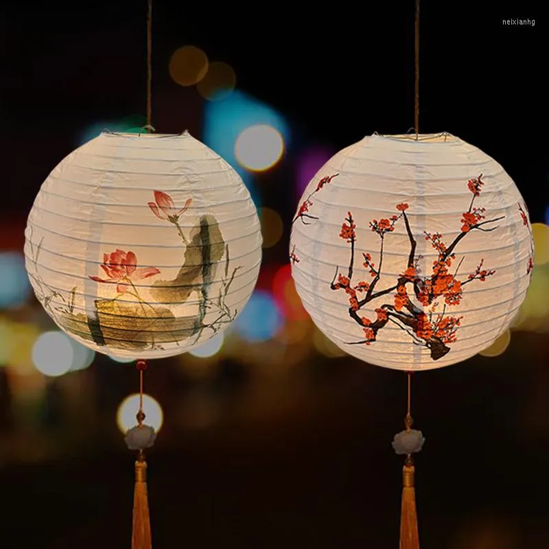 Feestdecoratie 30 cm pruimenbloesem lotus bedrukte lantaarn ronde Chinees papier bruiloft verjaardag hangende ball lampion