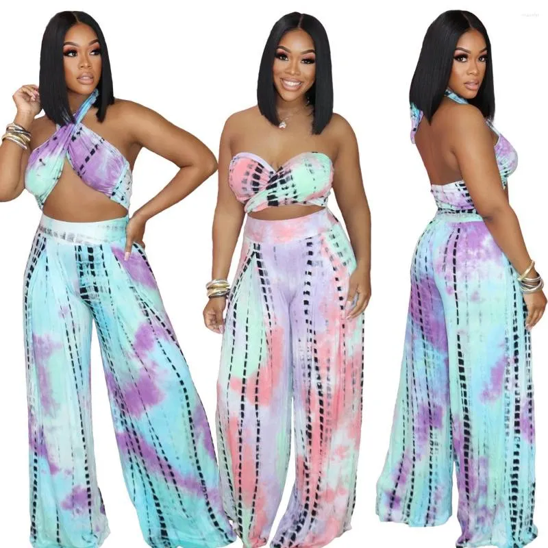 Kvinnors tvåbitar byxor L217 2022 Summer Women Casual Fashion Sexig Bare navel Tie Dye Printed Tube Bandage Loose Suit