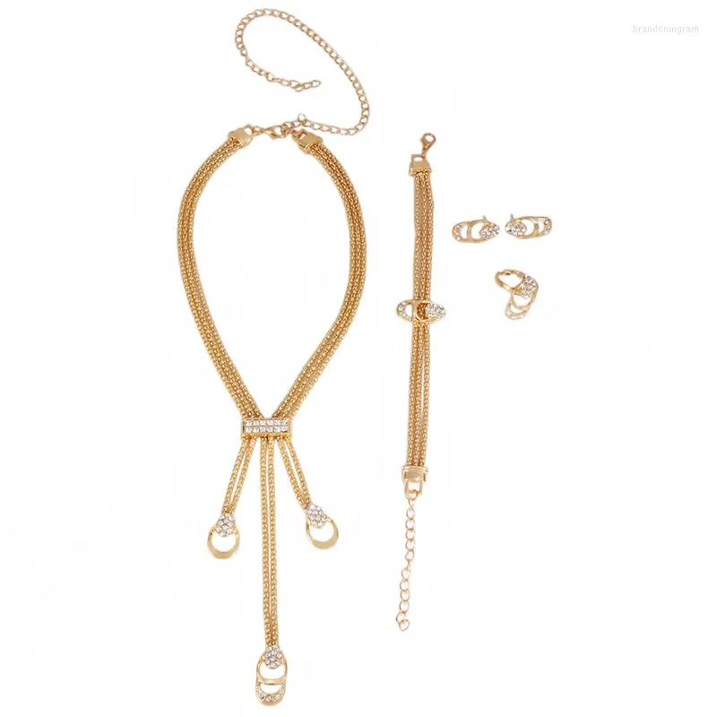 Ketting oorbellen ingesteld 4 stks/set sieraden vrouwen meerlagige strass pendant ring gouden kleur bruids