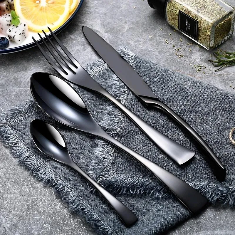 Couverts noirs en acier inoxydable, 24 pièces/ensemble, 16 pièces/ensemble, vaisselle en argenterie, couteau et fourchette, lavable au lave-vaisselle
