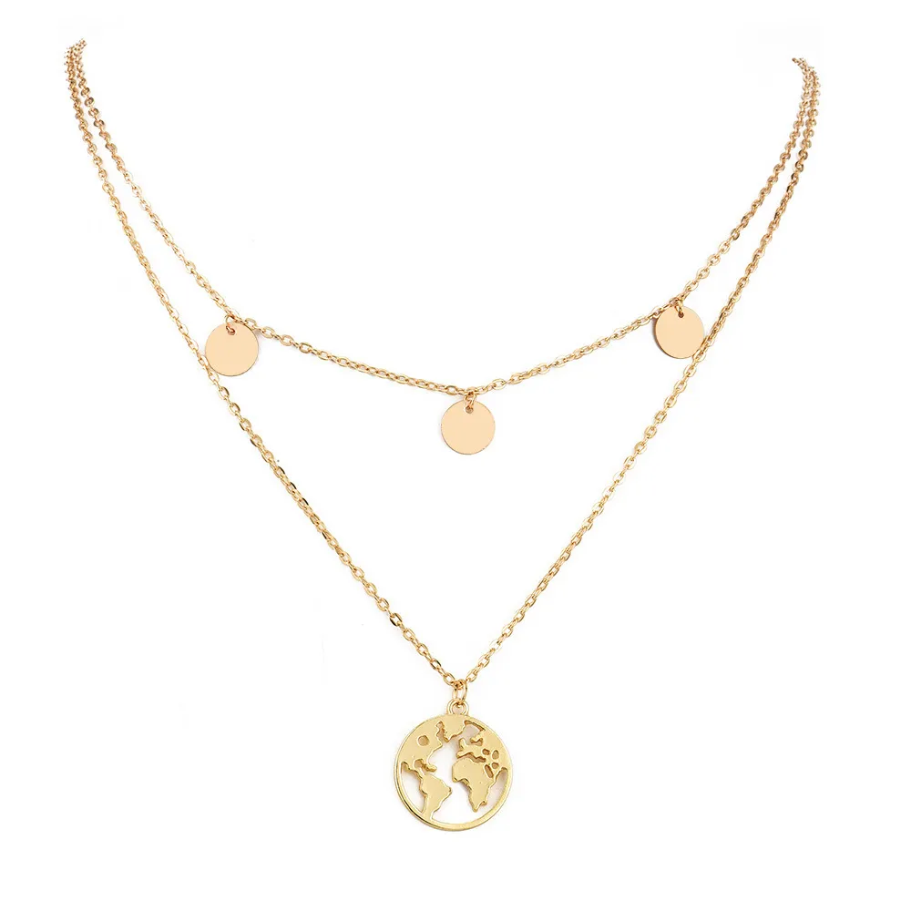 Retro World Map Circle hanger meerlagige goudkleur ketting feest charm sieraden accessoires voor vrouwen