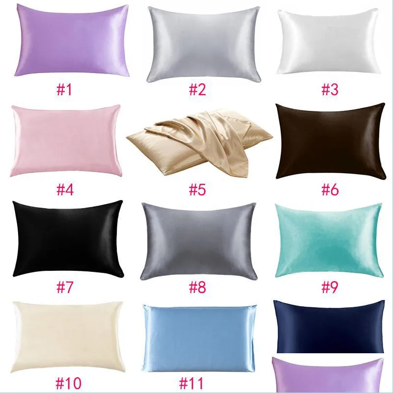 Kuddefodral 20x26Inch Silk Satin Pillow Case 12 Färger Kylhöljeskuddfodral Is Silks Skinvänliga PillowsLip Bedd Sports2010 Dhawx