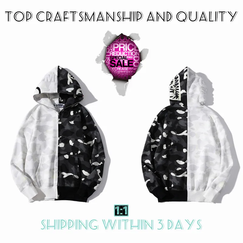 Top Craftsmanship Mens hoodies Shark full zip hoodie tiger jacket designer men women Harajuku sweatshirt Fashion co-branding camouflage Luminous apes hoodys 2-15